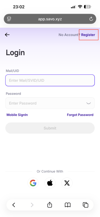 SAVO 注册页面截图二